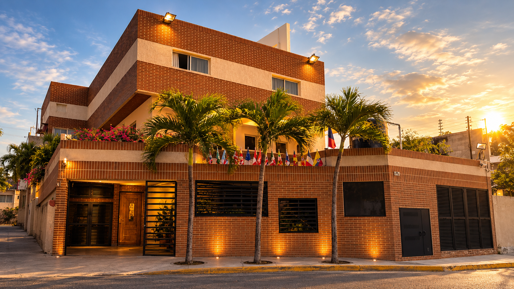 Propuesta conceptual de la fachada del Hotel MPV al atardecer, basada en una fotografía real